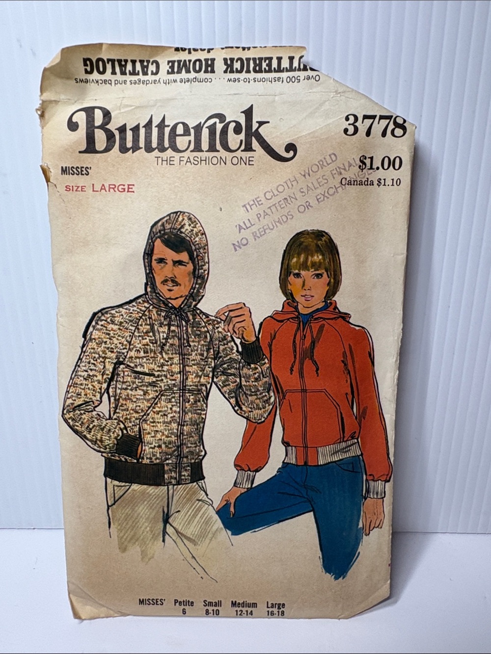 Butterick Women's Hooded Zip-Up Sweatshirt 3778 Vintage Pattern size Large